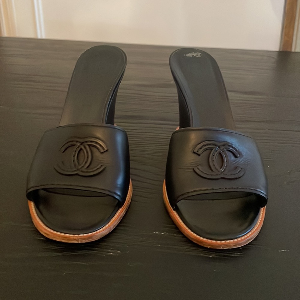 Chanel Black Leather Wedges